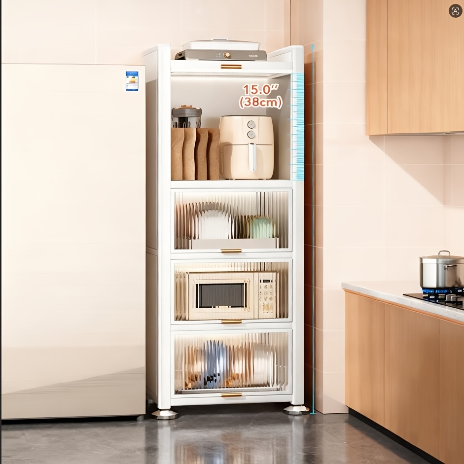 Image of 4-tier White Narrow Crevice Storage Cabinet - Carbon With Acrylic Flip-up Doors, Slim Pantry Organizer For Kitchen, Bathroom & Small Spaces, Utility Racks