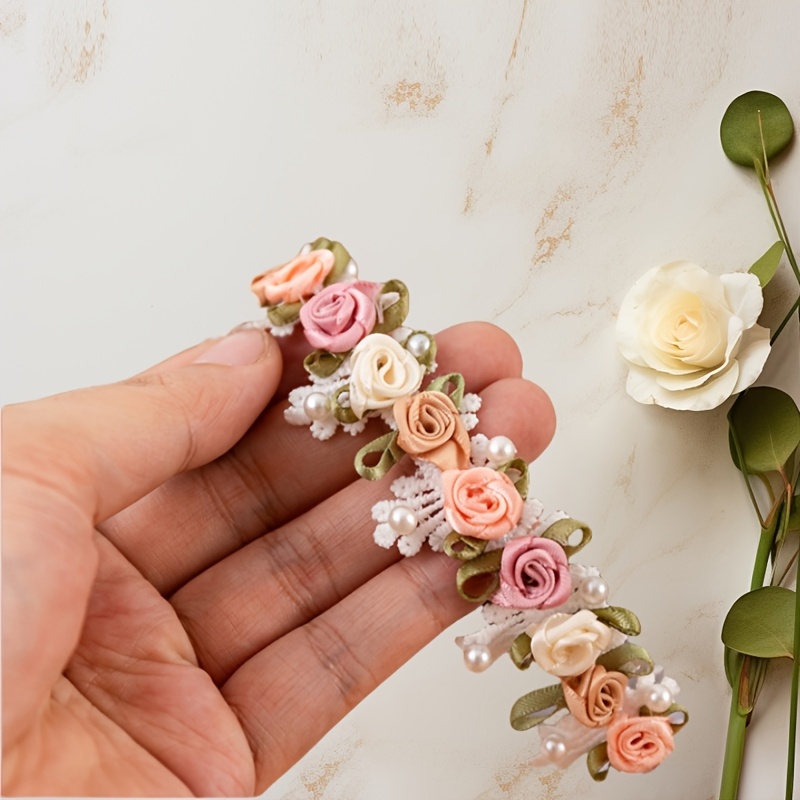 

1 Yard Of Elegant Rose And Pearl Bead Trim - Polyester Fabric, Diy Crafts, Jewelry, Evening Gowns & Gift Packaging, Flower Beads For Jewelry Making
