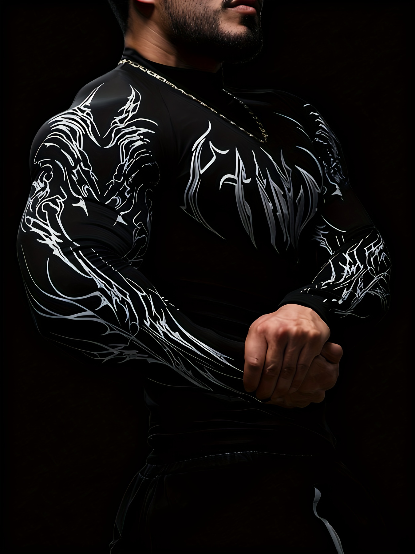 mens high neck   fit compression long sleeve shirt with geometric   design suitable for   fitness and casual   gray color block Product details 18