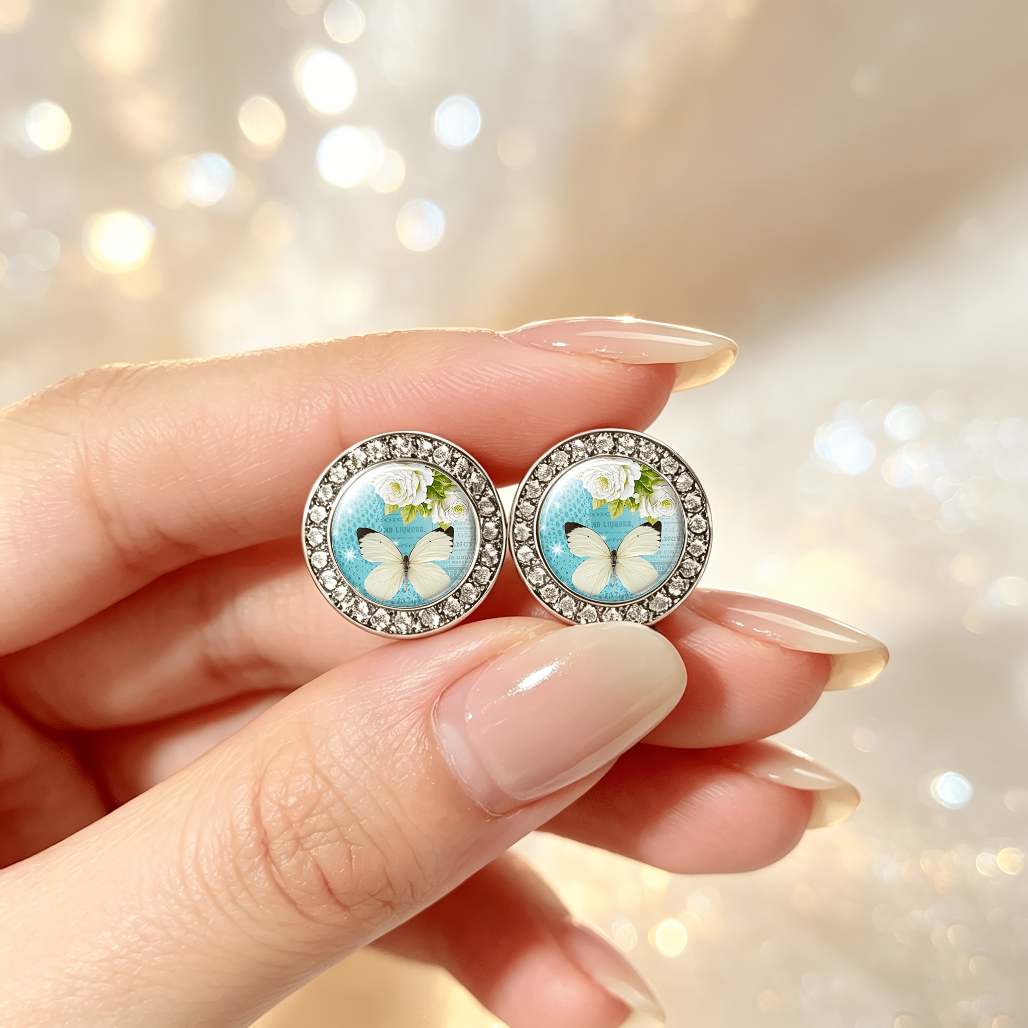 2pcs White Glass Classic Imitation Crystal Butterfly Stud Earrings