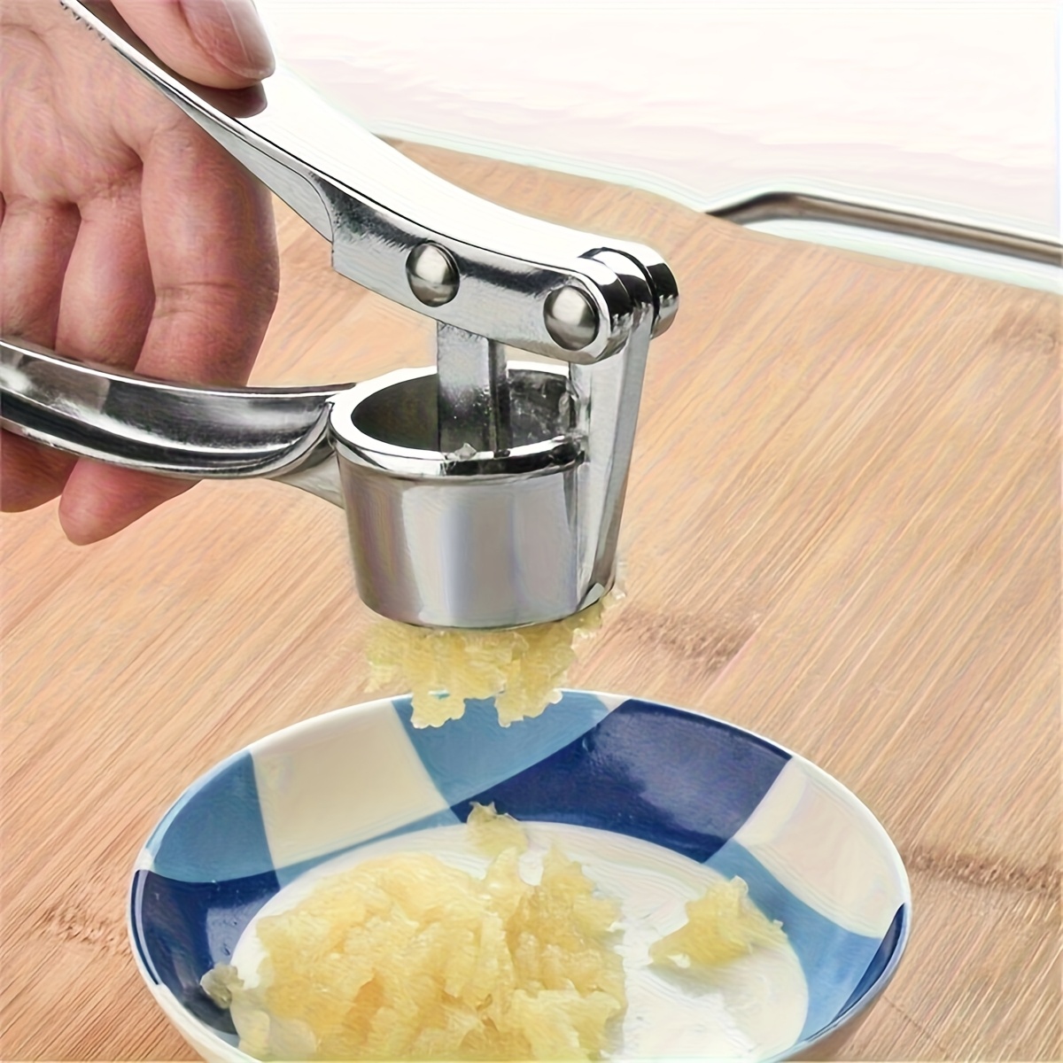 TEMU 1pc Stainless Steel Manual Garlic Press - Handheld Ginger Crusher & Potato Masher, No Electricity Needed, Durable Kitchen Tool For Garlic,