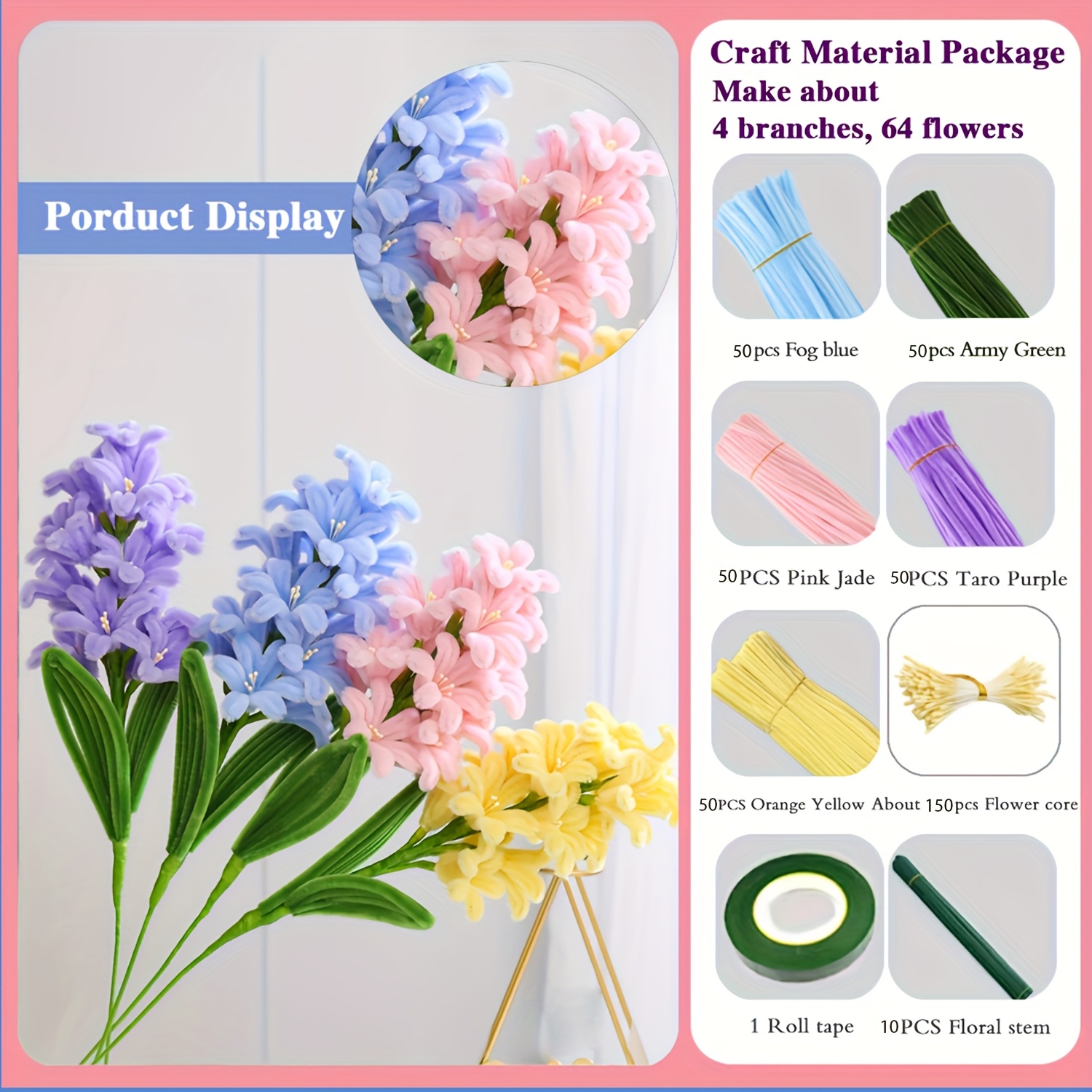 Image of 411pcs For Hyacinth Pipe Cleaner Bouquet Set With 10 Floral Sticks, 250 Pipe Cleaners, 1 Tape, About 150 Flower Core - Upgraded Diy Craft Kit For Home Decor, Graduation, And Holiday Gifts