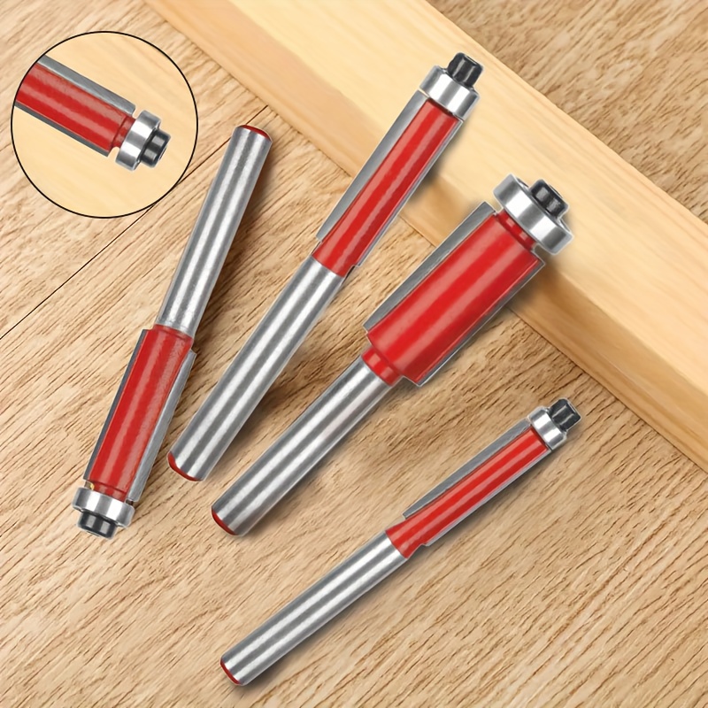 Image of 4pcs Professional 1/4" Shank Bearing Straight Router Bit, Hardened Steel Blade, Router Bit Set, Suitable For Wood Edge Trimming And Grooving