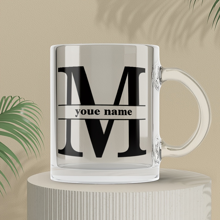 

Personalized 11oz Borosilicate Glass Mug, Custom Name Coffee Cup, Storage Mug, Ideal Gift For Holidays, Letter Monogram Design, No Required