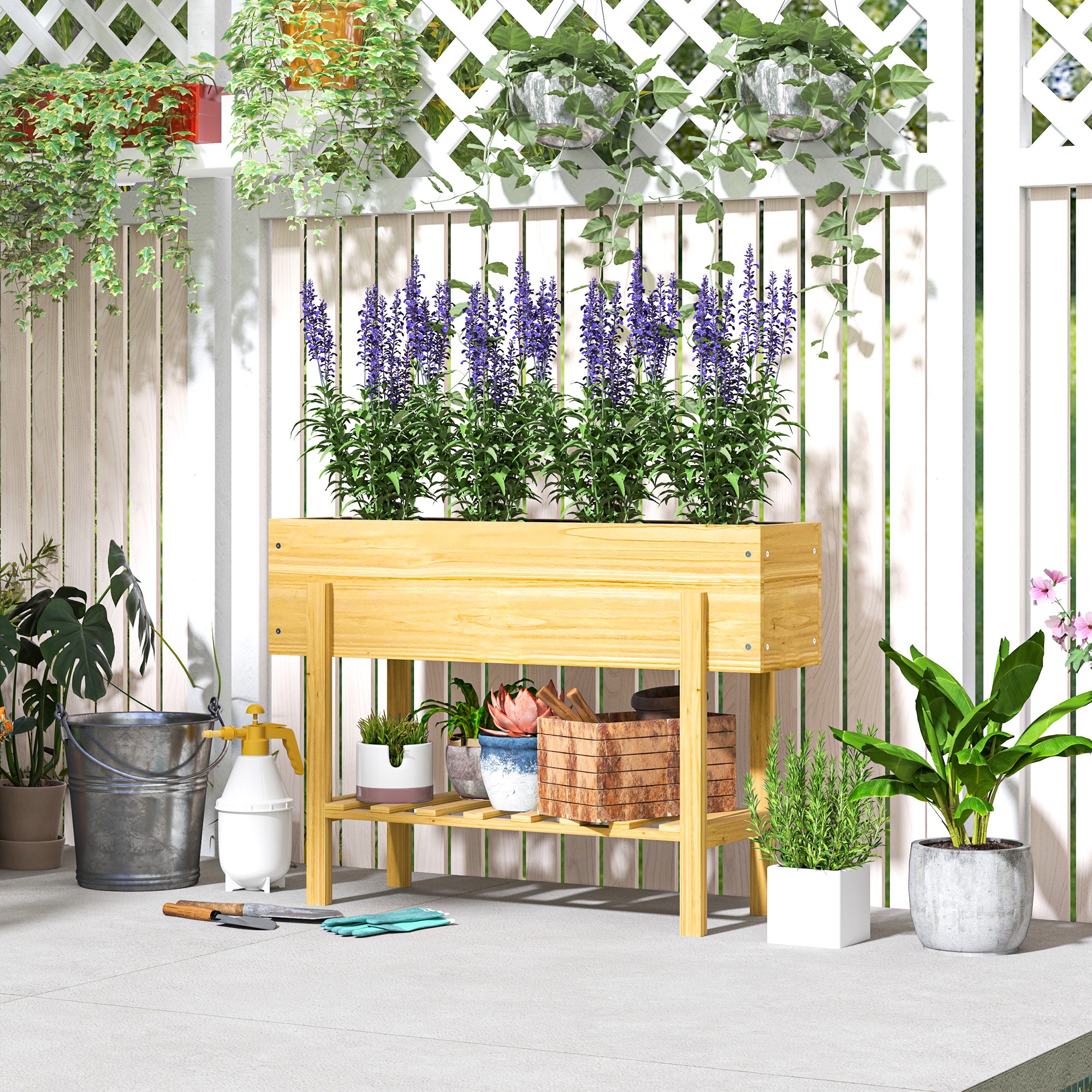 TEMU Outsunny Elevated Wooden Raised Garden Bed With Storage Shelf & Bed Liner - Natural , Sturdy Rectangular Design With Drainage Holes, Modular