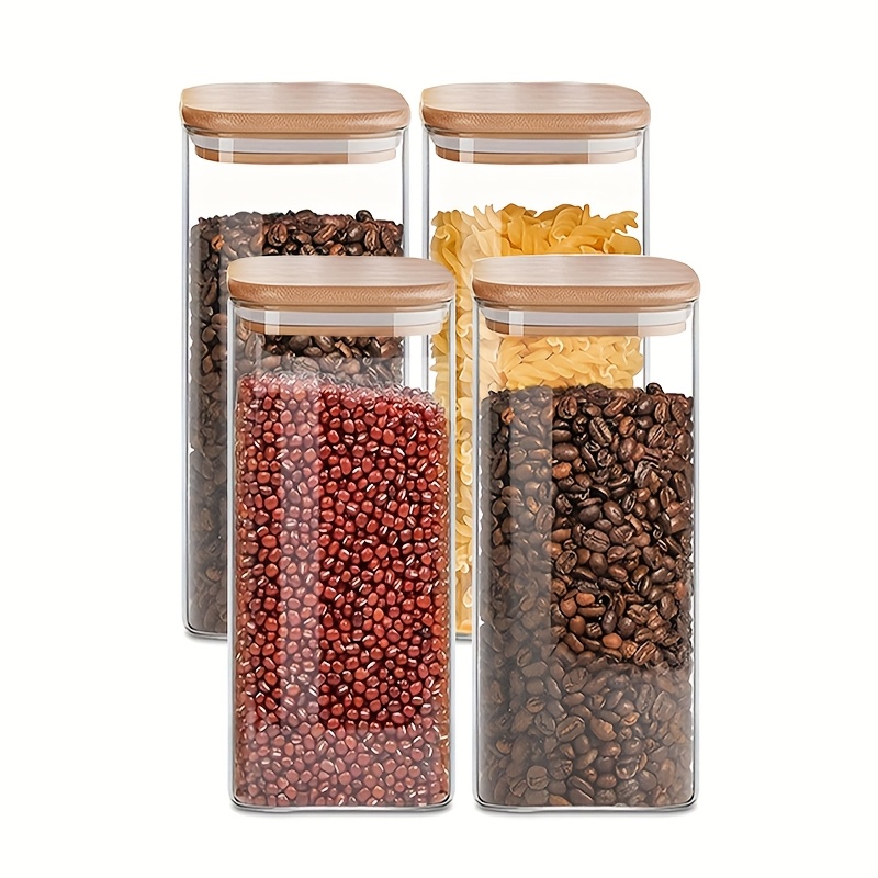 E-shop 4-teiliges Glas-Aufbewahrungsset mit Bambusdeckeln, 1000 ml luftdichte Behälter, Gewürzgläser, Mehl- Zuckerbehälter, transparente