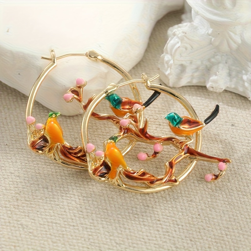 Image of Fashionable And Cute Superb Large Golden Colour Creole Earrings 4cm 2 Birds On A Branch Plum Enamel Pink Green Vintage Style