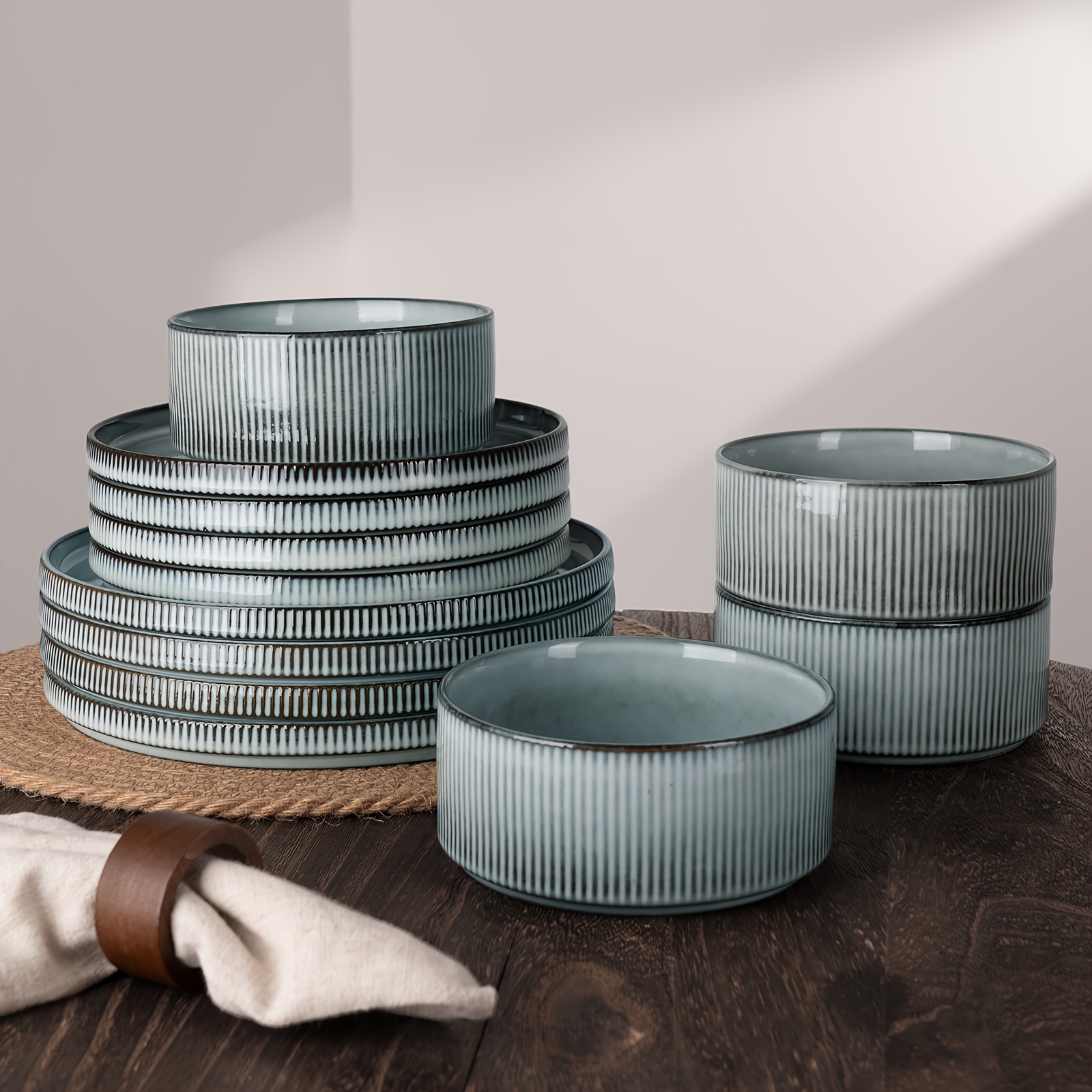 TEMU 12pcs Stoneware Dinnerware Sets, Round Plates And Bowls Set For 4, Ribbed, Dishwasher And Microwave-safe, , Best For Christmas, Perfect For