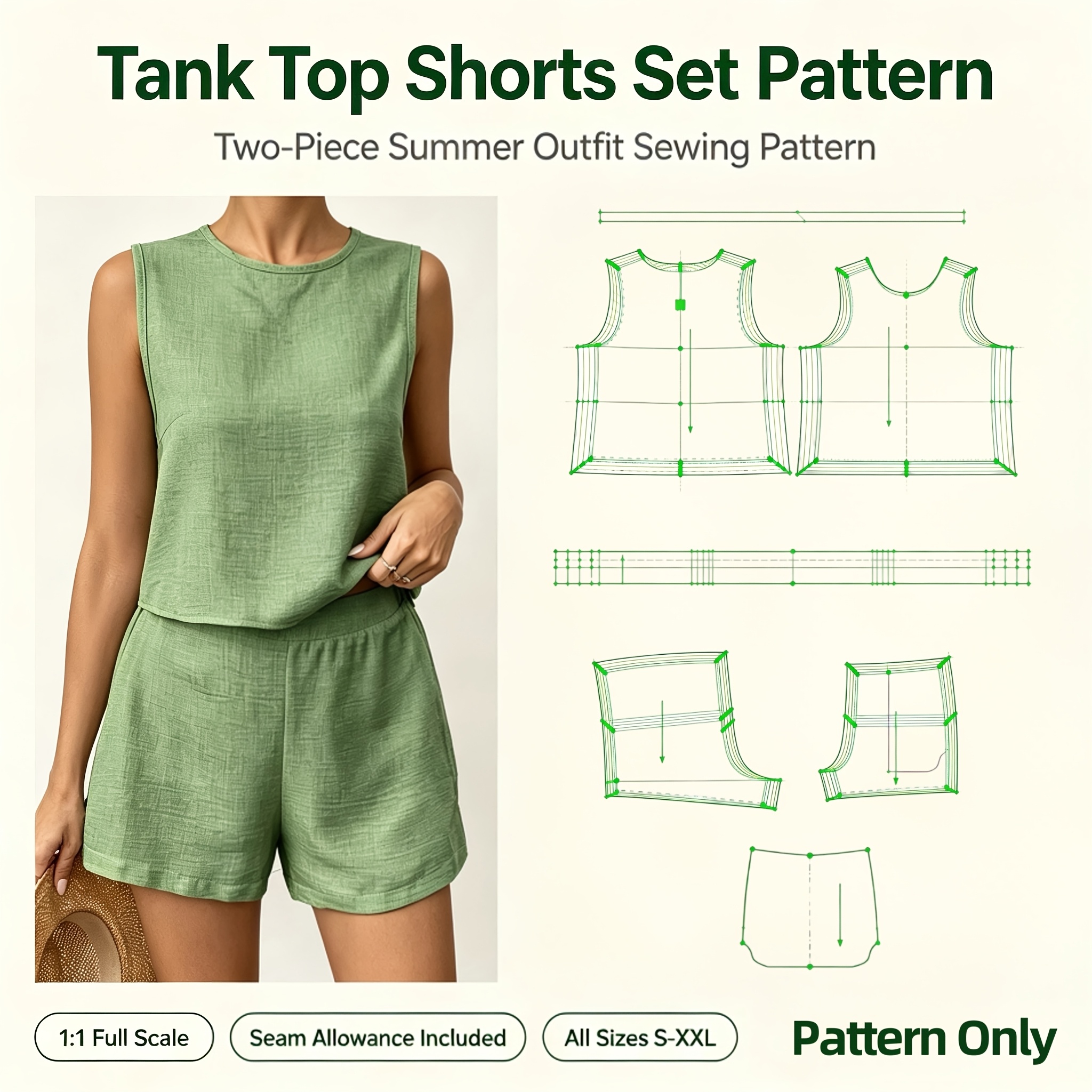 TEMU Ensemble décontracté d'été 2 pièces pour femme : débardeur manches et short à motif - Motif uniquement, pas de vêtement. Inclut les marges de