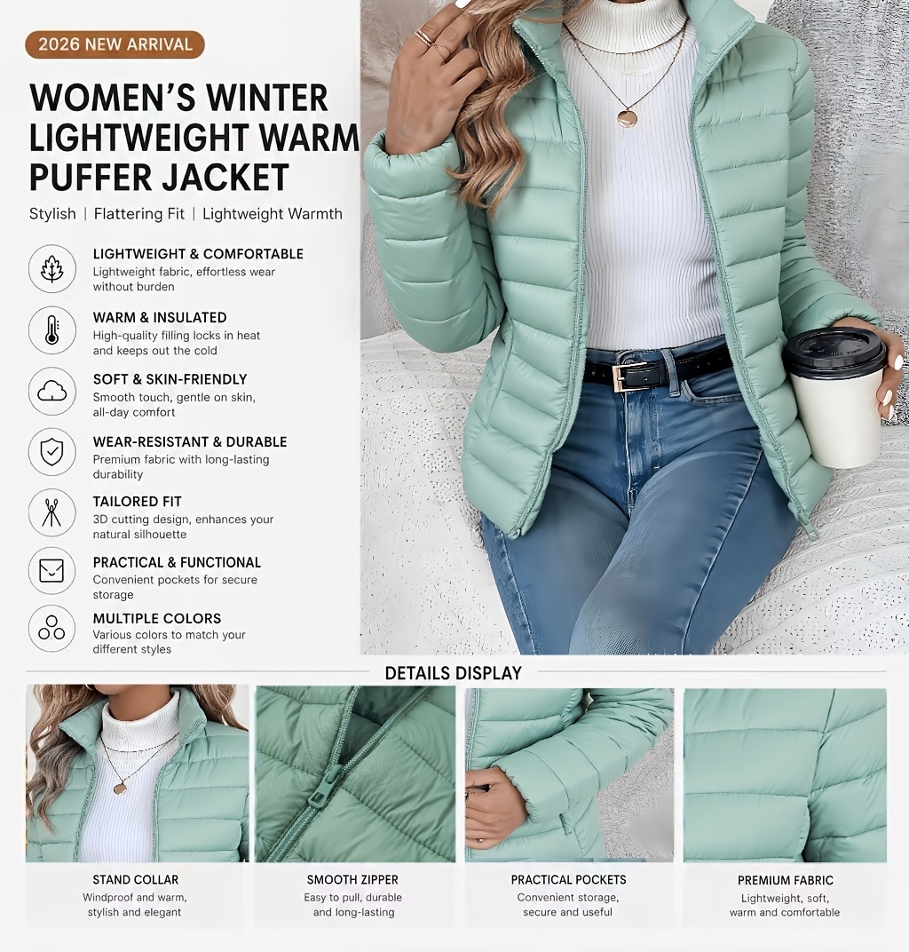Women's Spring Slim-Fit Lightweight Warm Solid Color Jacket - Elegant, Stylish, and Versatile Beautiful Jacket - Stand Collar Zipper Long Sleeve - Casual Padded Polyester Fiber Cropped Coat - Seasonal Transition Jacket - High-Quality Classic Popular