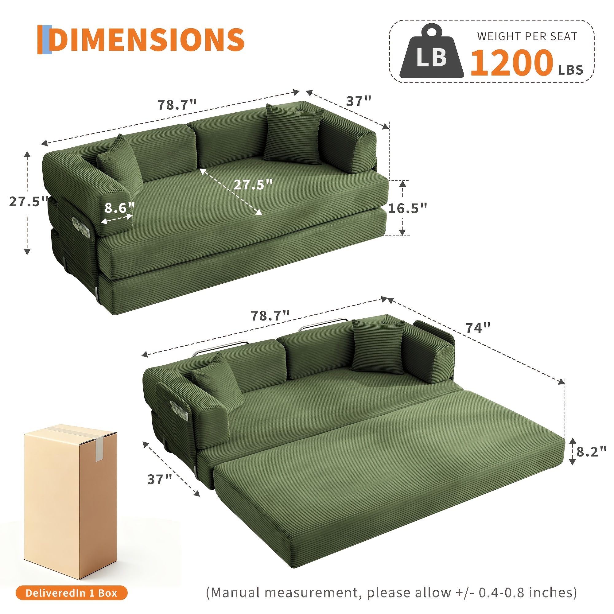 TEMU Aoxun Canapé-Lit Queen Os, Canapé-Lit Convertible 59''/79" avec Cadre de Fixe & Fermetures Éclair de Connexion - Canapé-Lit en Boîte, Futon