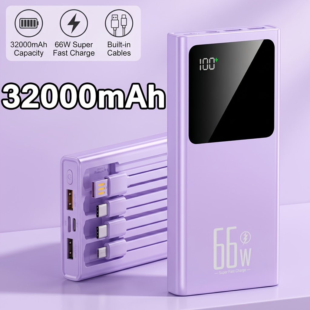 TEMU 32000mah Large Capacity Portable Power Bank, Suitable For All Mobile Phone, With Built In , Equipped With Led Display/ Dual Output Ports,