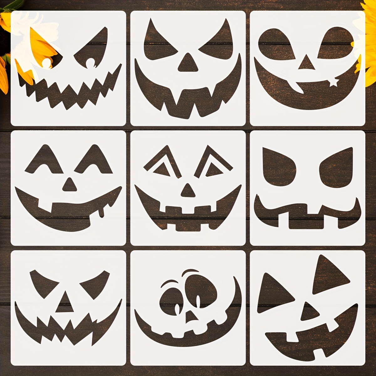 TEMU 9 Halloween Pumpkin Face Stencils, 13x13cm/5x5inch Reusable Plastic Drawing Templates For Diy Jack-o'-lantern Carving, Canvas And Wall Art Decor
