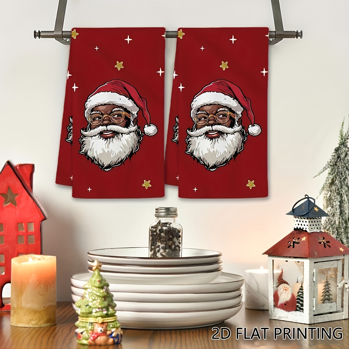 TEMU 2pcs Set Christmas Kitchen Towels Santa Claus Face Pattern Dishwashing Towels Kitchen Towel Set Absorbent Kitchen Towels Suitable For Cooking