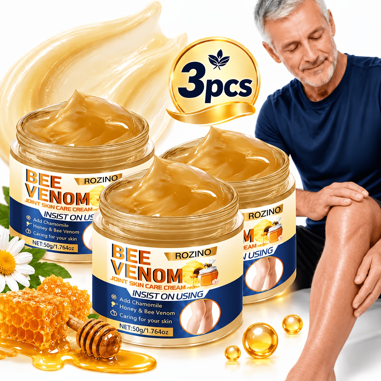 50g*3pcs Bee Venom Joint Skin Care Cream, Powerful Moisturizing And Hydrating, , Smooth, Brightening, Fine, Suitable For , Legs, Ankles, Knee, , Unisex