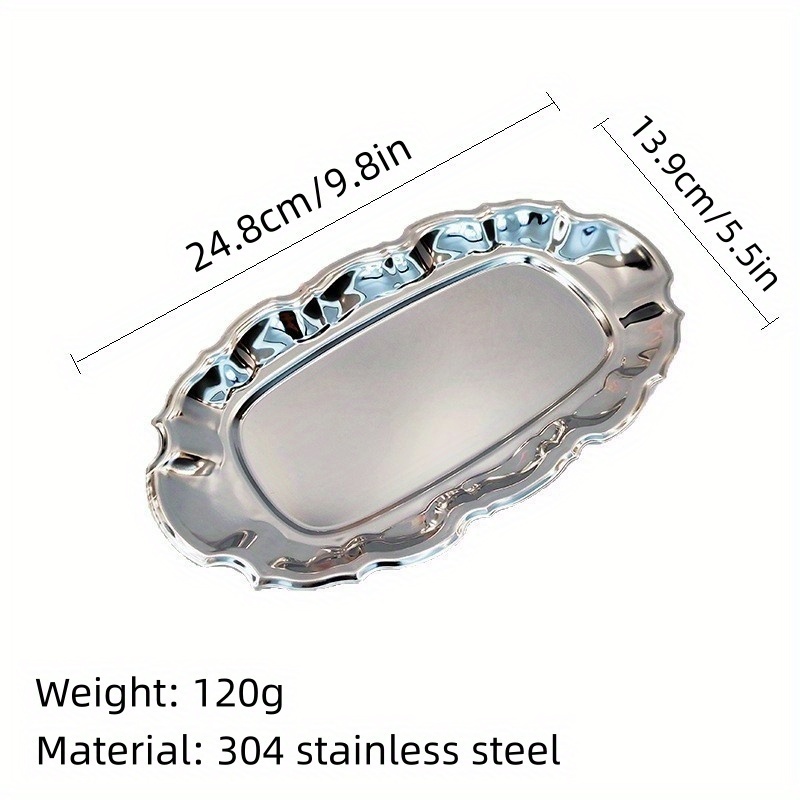 Image of French Retro 304 Stainless Steel Oval Tray Scallop Edge Silvery Serving Platter For Dessert Fruit Cosmetics Jewelry Storage Rustproof