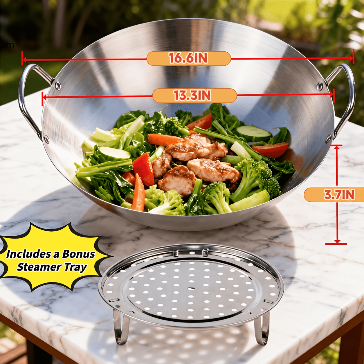 Heavy Duty Stainless Steel Wok, Large With Double Handles, Frying Pan For Stir Frying, Frying, Saut&eacute;ing, Boiling & Braising, Commercial Style Cookware For Camping, Outdoor, Home Kitchen & Restaurant