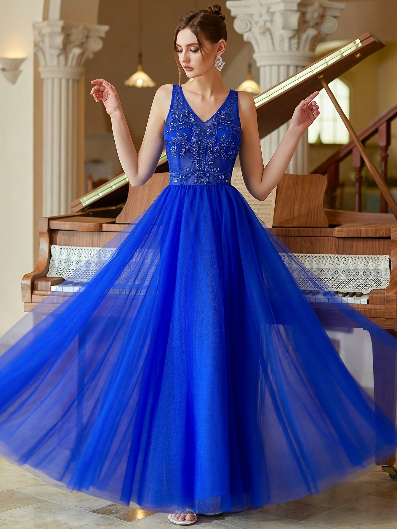royal blue embroidered v neck evening gown luxurious beaded Temu