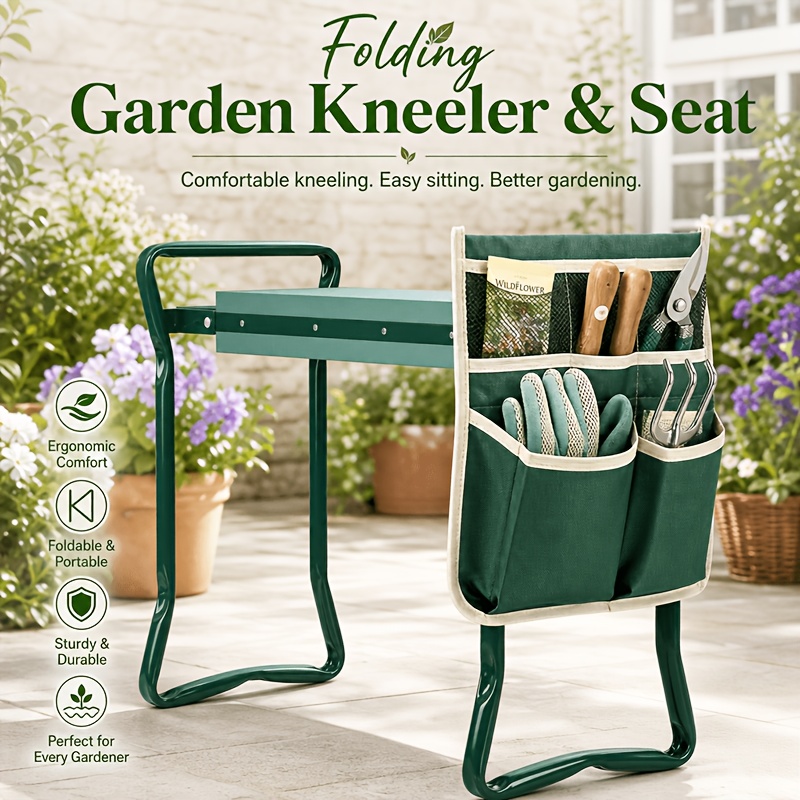 TEMU Tabouret de jardin pliable pour le jardinage, banc de genou avec poches à outils, hauteur réglable et pliable, de poids jusqu'à 200 kg