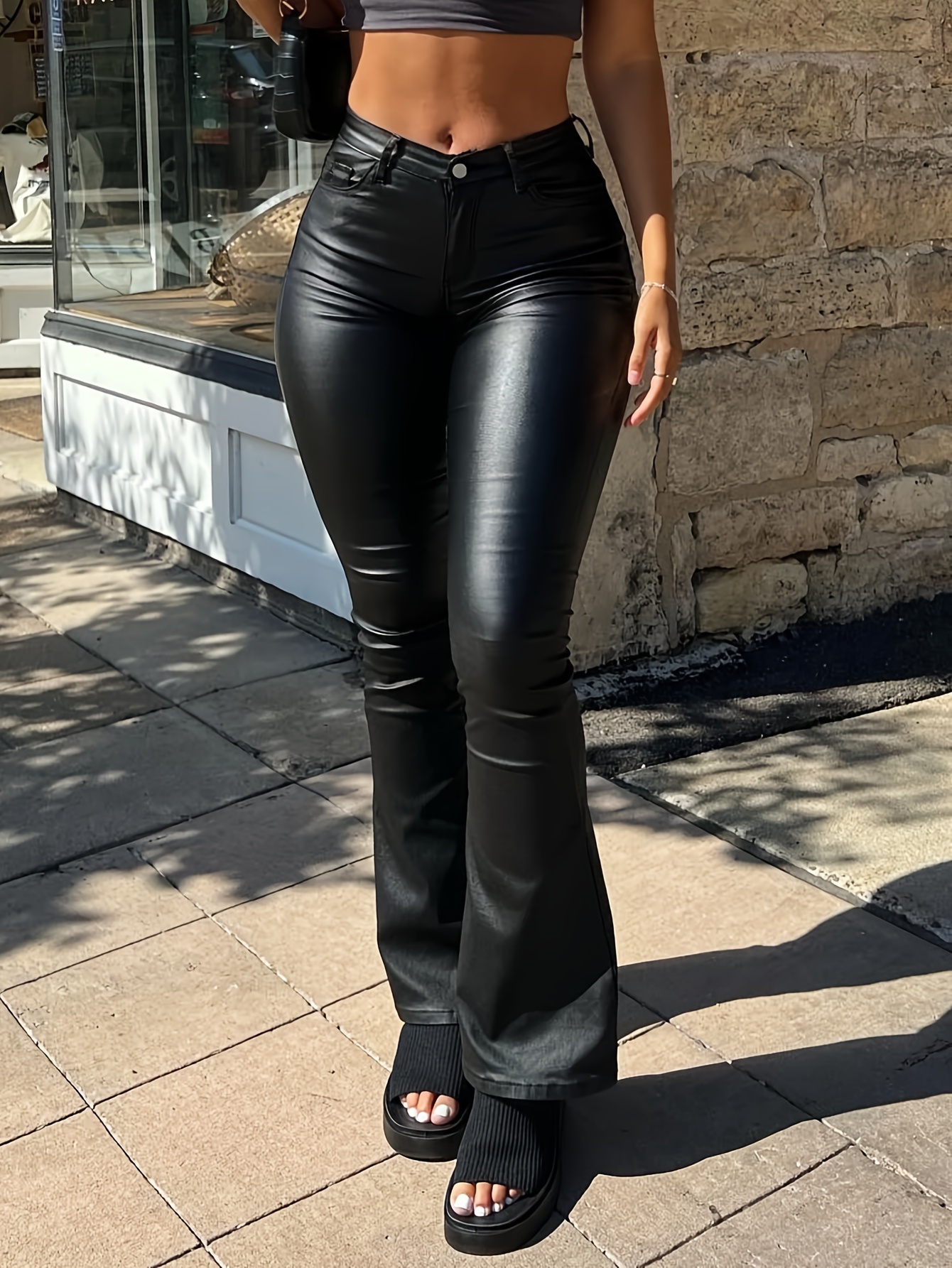 Women's High Waist Faux Leather Flare Pants - Slimming Bell-bottoms