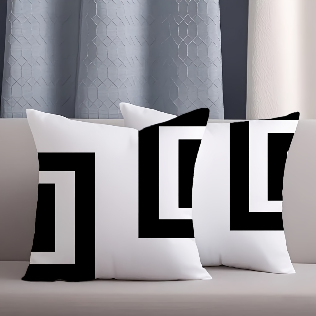 [contemporary Pillow Covers] 2pcs Geometric Black& White Polyester Pillow Covers| Contemporary Style, Zipper Closure, Hand Wash Only, Perfect For Decor Sofa Cushion Covers(covers Only)