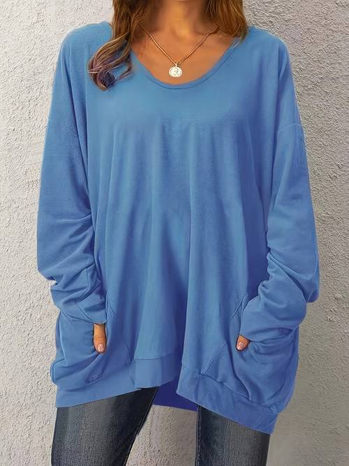 plus size plus size solid round neck loose casual long sleeve pocket top