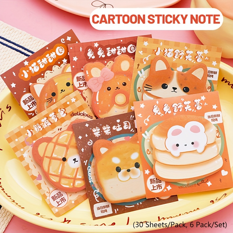 TEMU 6-pack Cute -themed Sticky Notes, Bread-shaped Memo Pads With Per Pad