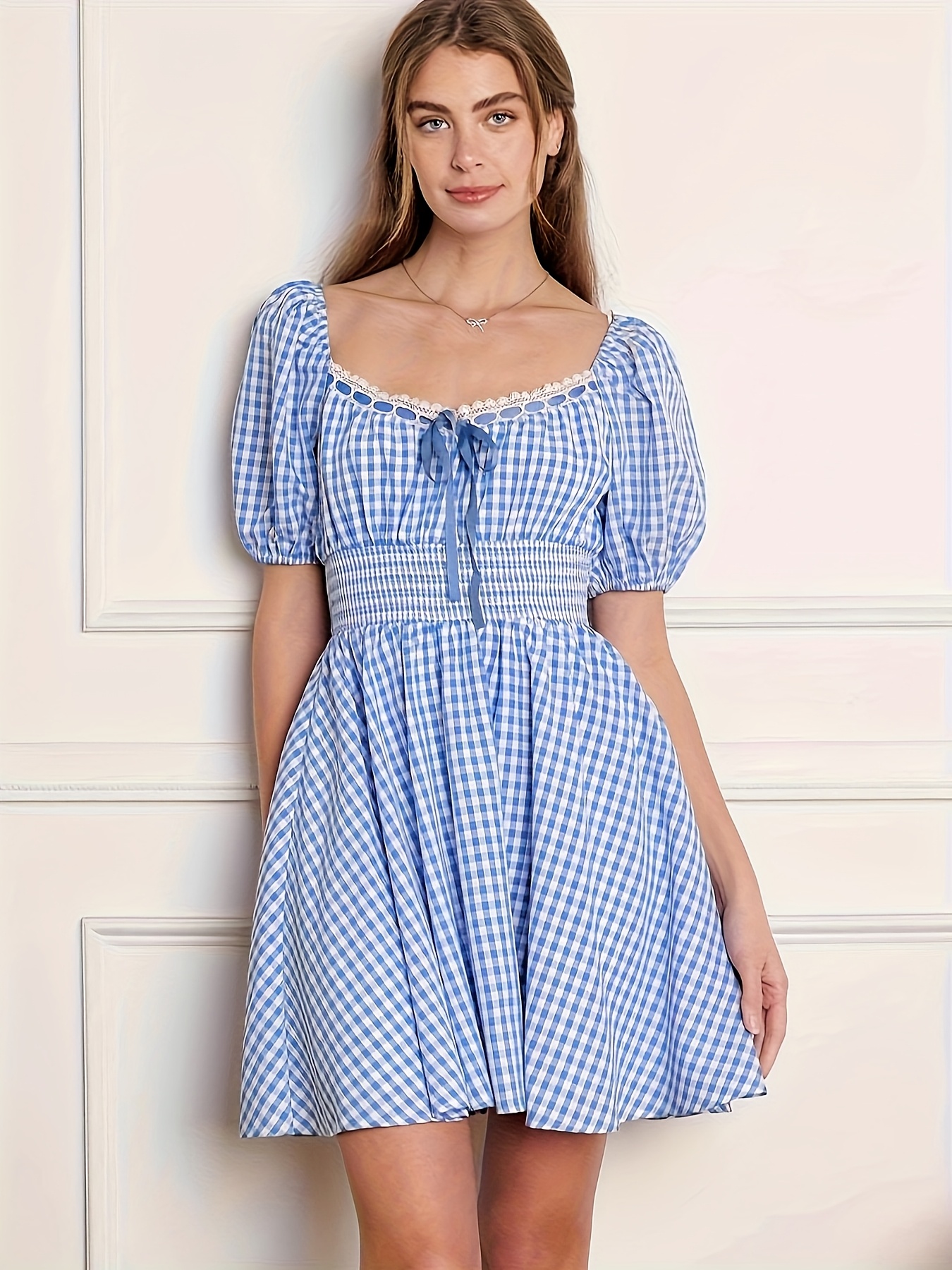 womens blue white gingham puff sleeve dress square neck - Temu Bahrain