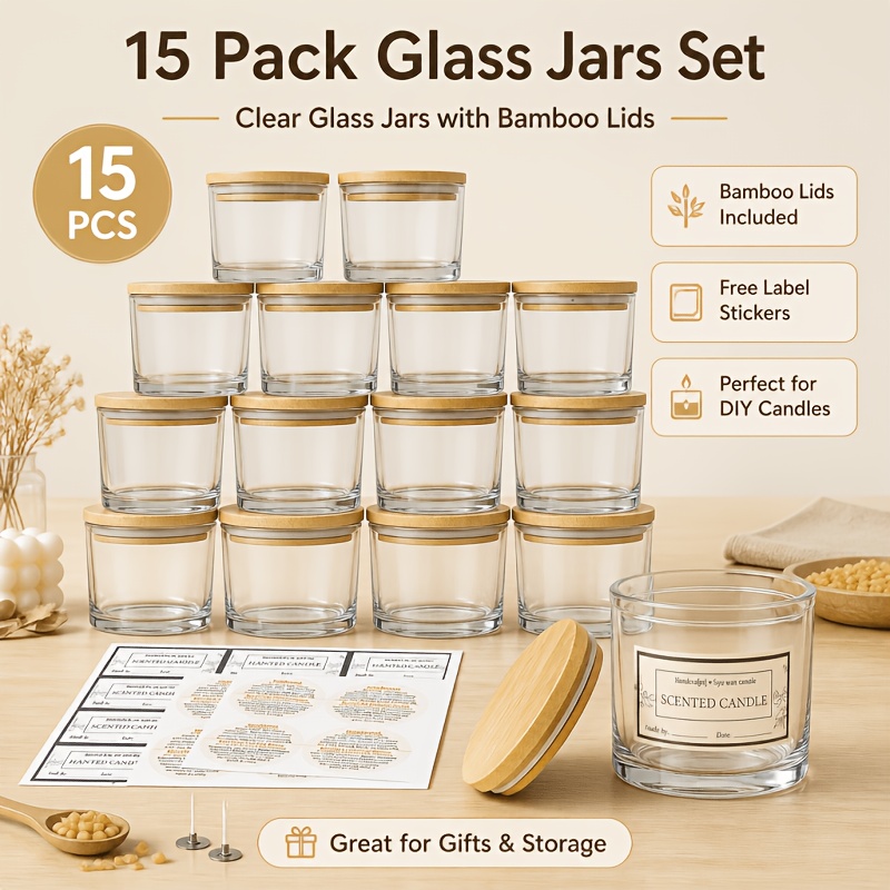 TEMU 15pcs Multi-functional Glass Jars, Suitable For Candle Making, Empty Jars With Wooden Lids For Candle Crafting And Sample Storage, Dishwasher
