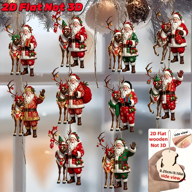 TEMU 2D-Flach, 10-teiliges Weihnachts-Themen-Set mit 10 lustigen Weihnachtsmann- Rentier-Figuren-Designmustern, Holz-Hängeornamente, handgefertigtes
