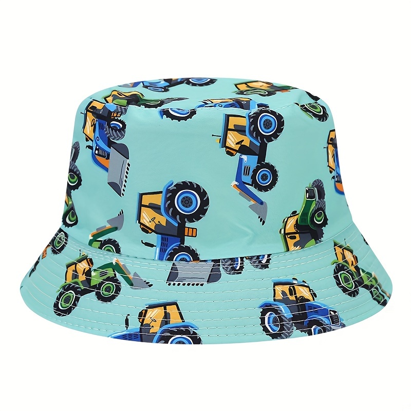 Children's Cartoon Bulldozer Printed Bucket Hat, Outdoor UV Protection Lightweight Fishing Hat, for Boys Girls,Temu