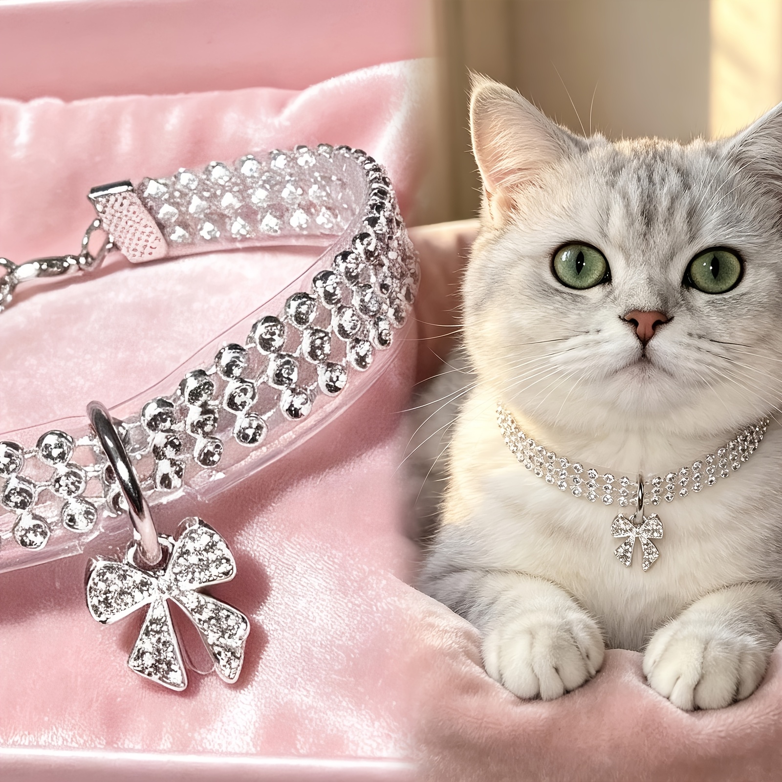 TEMU 1pc Rhinestone Bow Pet Collar, Fully Encrusted Rhinestone Chain With Sparkling Rhinestone Bow Pendant, Adjustable Length For Small To Medium