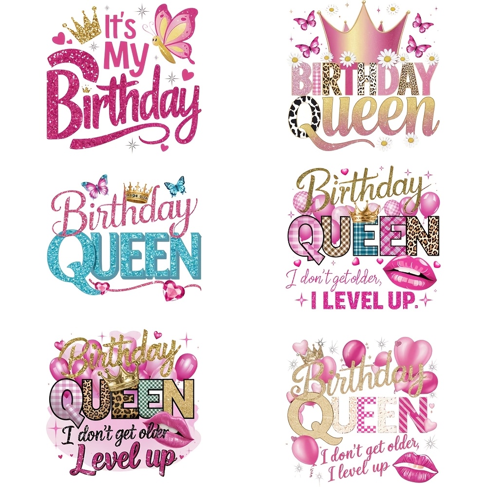 

6pcs Set "birthday Queen" Vinyl Iron-on Patches - Diy Washable & T-shirt Decor With Glittery Crown & Phrases, Heat Transfer Stickers For Clothing Customization