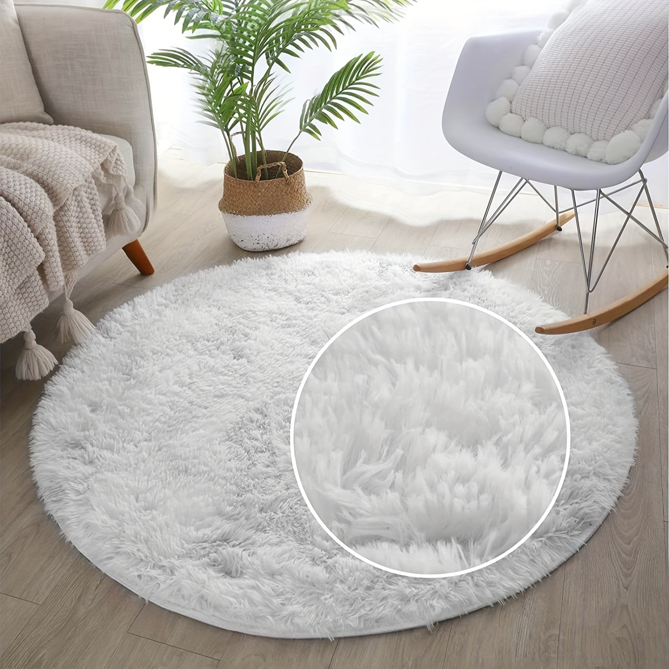 luxurious   silk round mat plush non slip machine washable polyester mat for living room bedroom yoga cozy medium pile floor mat with tray for home decor rugs for living room details 7