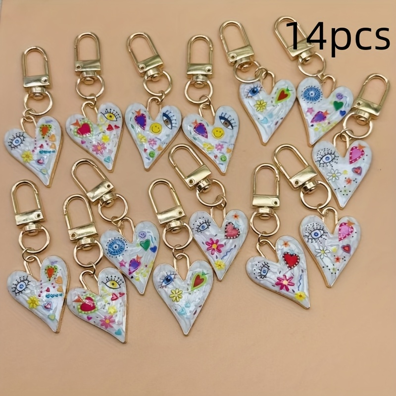 14pcs Heart-shaped Alloy Keychains With Colorful Evil Eye & Floral Designs, Lobster Clasp - Ideal For Valentine's Day, Birthdays & Campus Related Gifts, | Colorful Keychains | Durable Allo