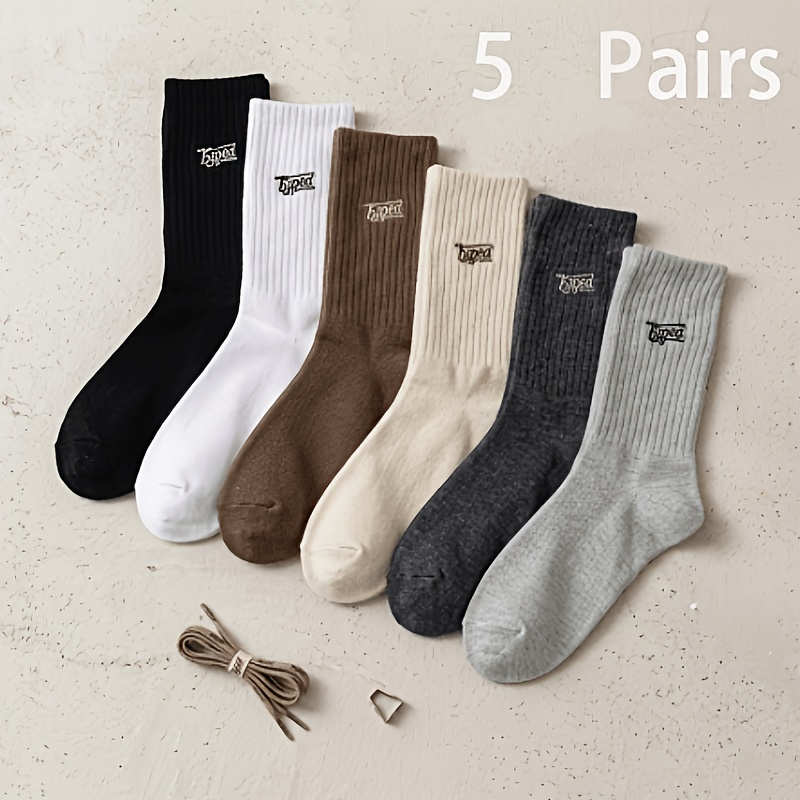 TEMU Random 5 Pairs Men's Ribbed Mouth Casual Comfortable Athletic Mid-calf Socks, Suitable For Daily Wear And Sportswear