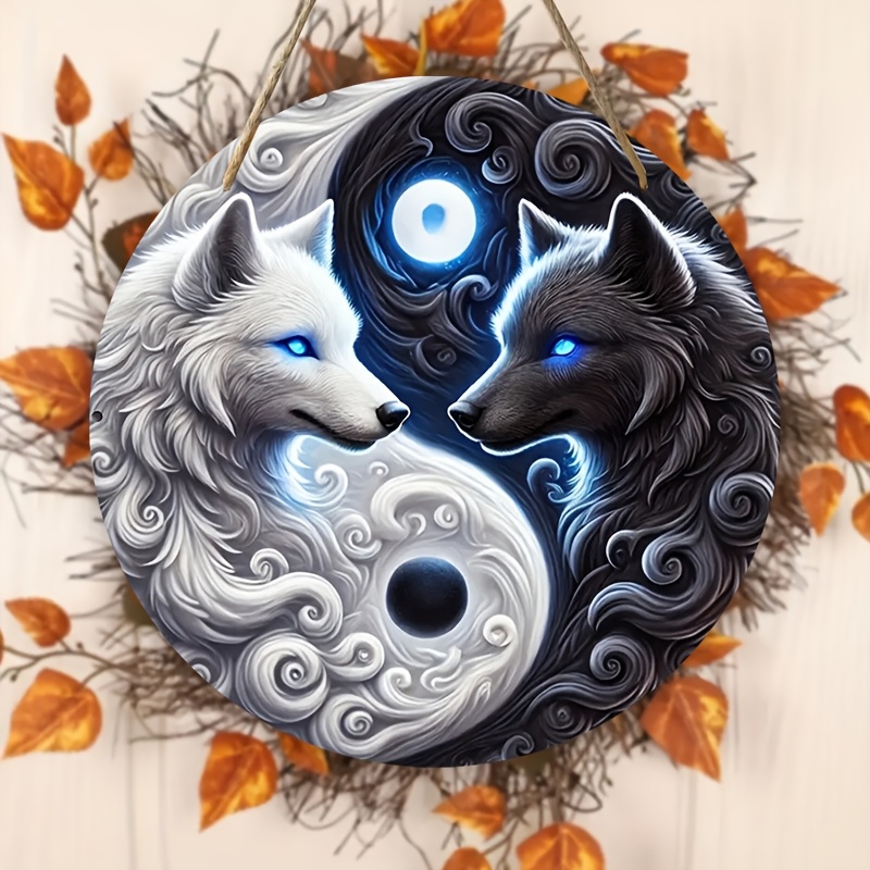 

In Yin - Yang Wall Art - 8" Round Wooden Sign With Pre-drilled Holes, High-definition Print, Black & White Wolf Design For Home, Bar, Or Club Décor