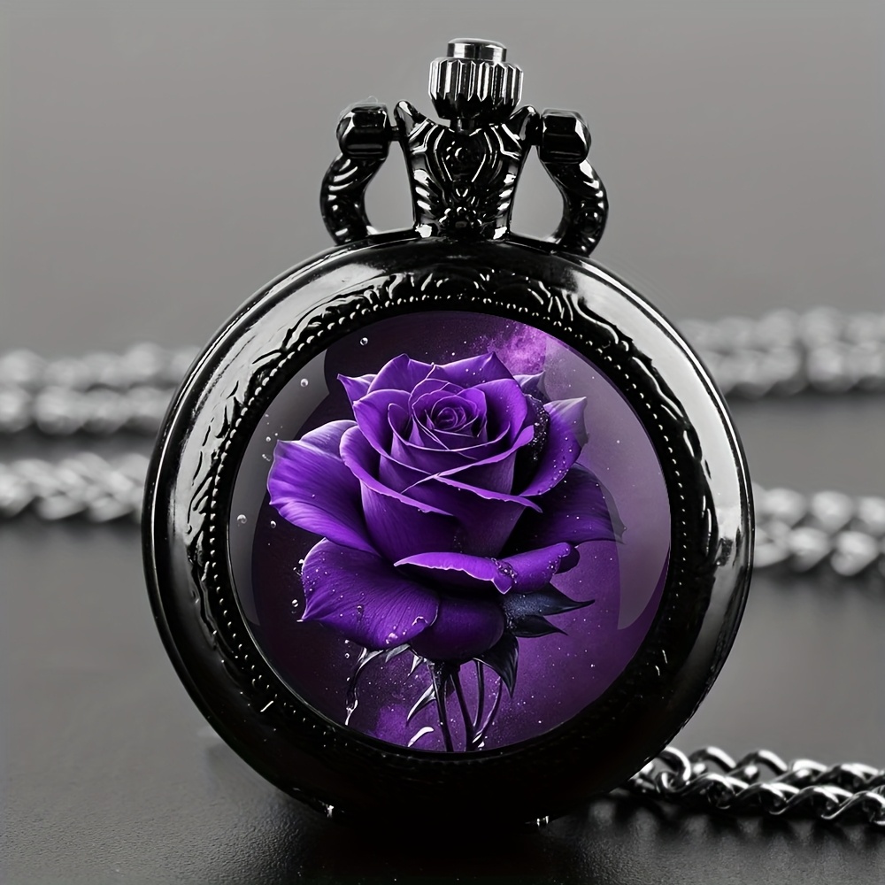 Temu Women's Purple Rose & Black Glass Pendant Pocket Watch Necklace - Gothic Style Quartz Movement With Chain, Elegant For Casual Or Formal Outfits,