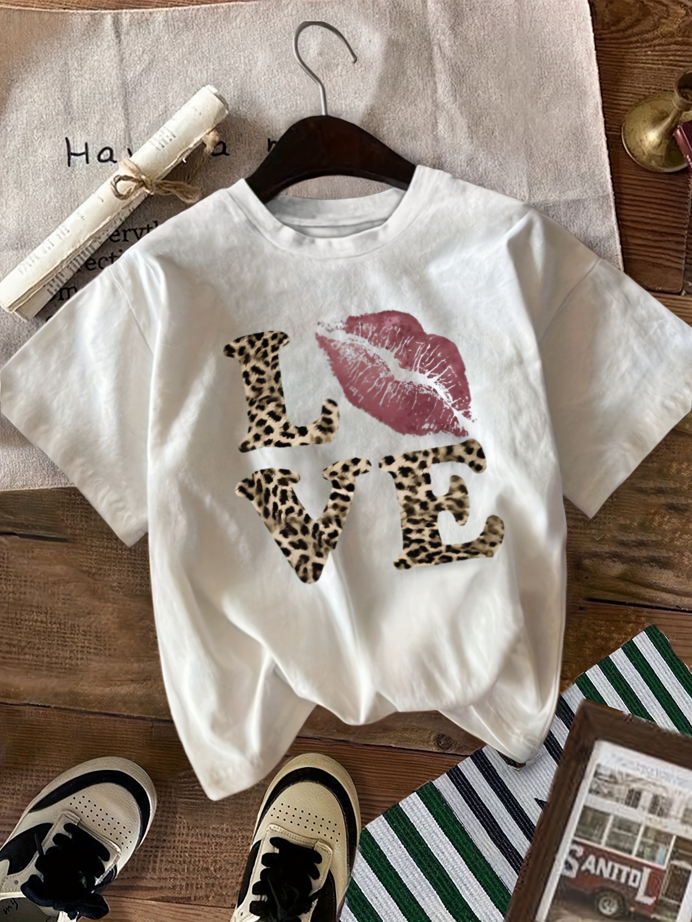 womens casual white leopard red lip graphic loose Temu