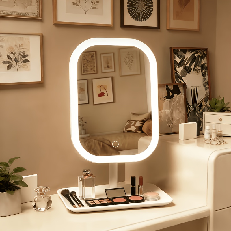 TEMU 360° Rotatable Led Makeup Mirror With 3-color Lights, Touch Control Dimmable Vanity Mirror, Rechargeable Battery, Portable Foldable Design With