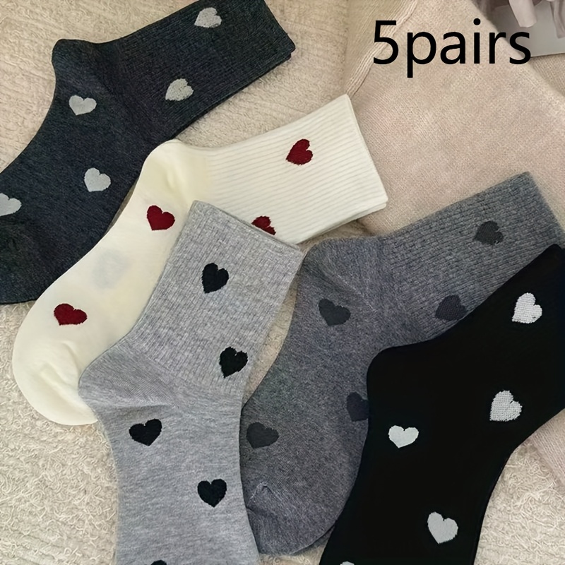TEMU 5 Pairs [5 Pairs Set] Comfortable Women's Mid-calf Socks, Heart Pattern, Fall Winter Long Socks, Fabric, Hand Washable, Couple Socks, Mid-calf