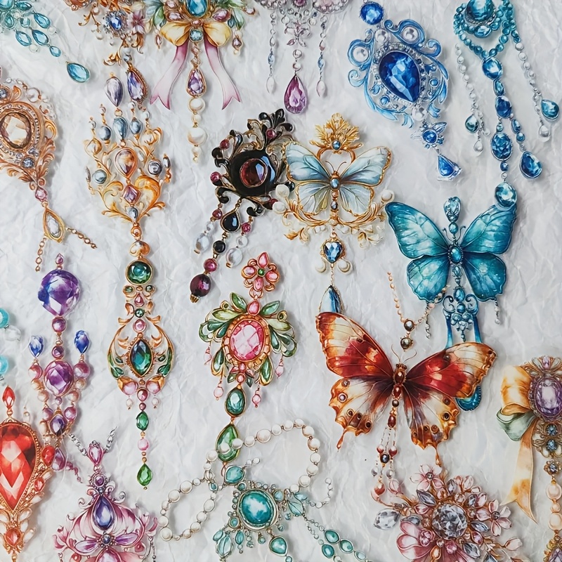 Image of 50 Sheets Retro European Jewelry Pendant Theme Graffiti Stickers, Vibrant Luxurious Gems, Self-adhesive Paper, Suitable For Scrapbooking Collage, Stickers