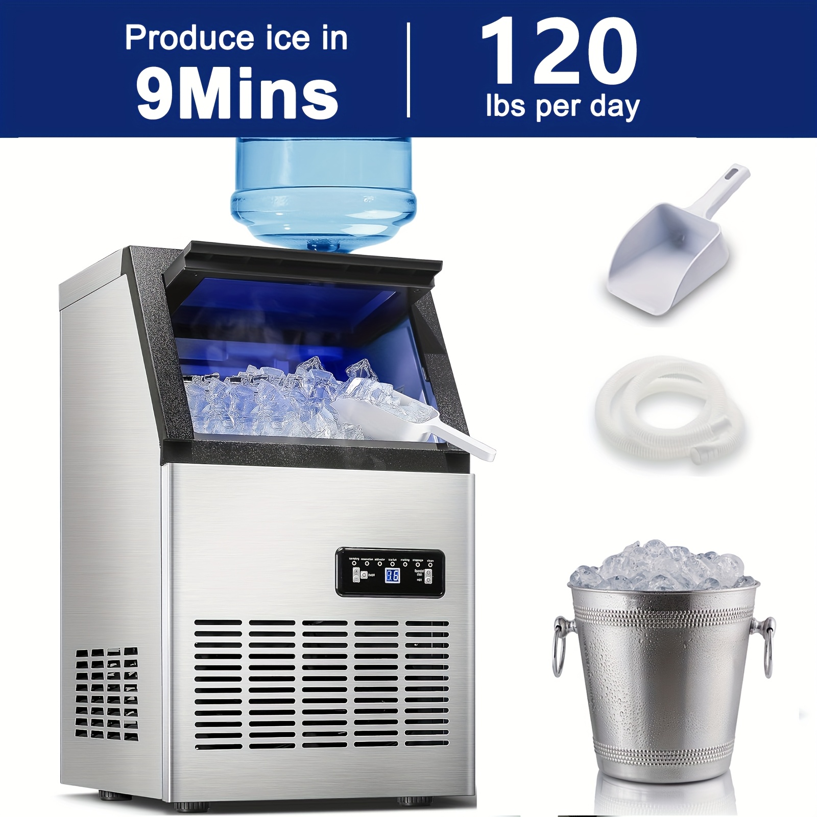 item picture commercial ice maker machine 120lbs 24h with 33lbs storage bin freestanding under counter ice machine for home   restaurant   inlet  