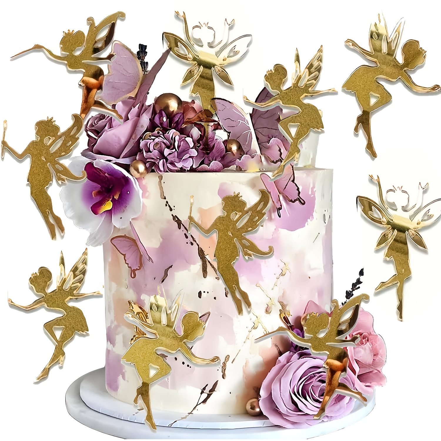 Image of 10pcs Fairy Cake Topper Acrylic Fairy Cake Decorations Mirror Birthday Party Decorations Cupcake Toppers For First Birthday Baby Shower Party Garden Wedding Decorations