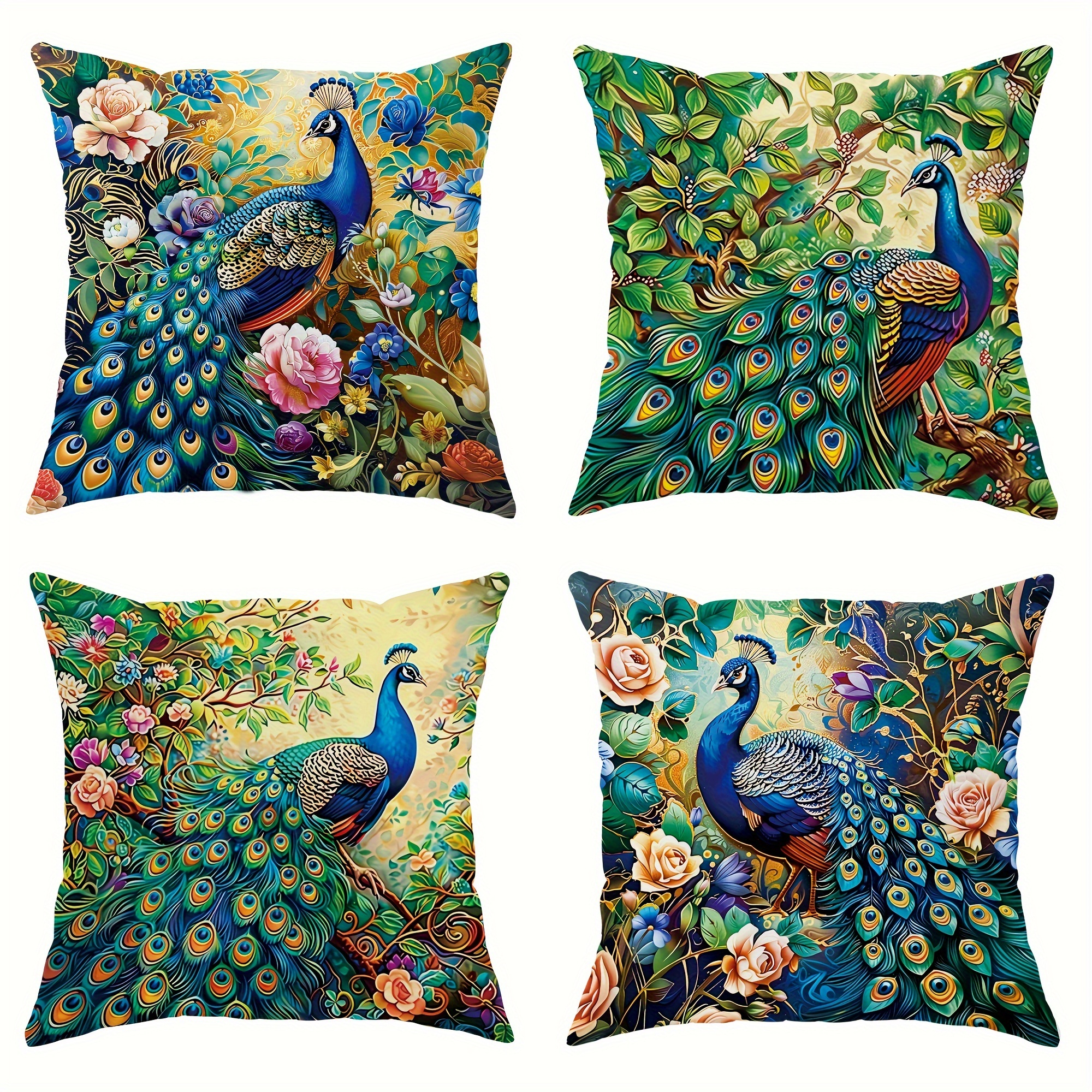 

4pcs, Velvet Throw Pillow Covers Peacock Flower Farmhouse Forest Green Decorative Throw Pillow Covers 18*18 Inch Suitable For Summer And Autumn Living Room Bedroom Sofa Bed Decoration
