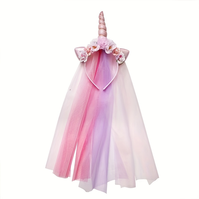Image of European And American Mesh Rainbow Unicorn Headband Pony Headband Unicorn Halloween Party Performance Veil Headwear