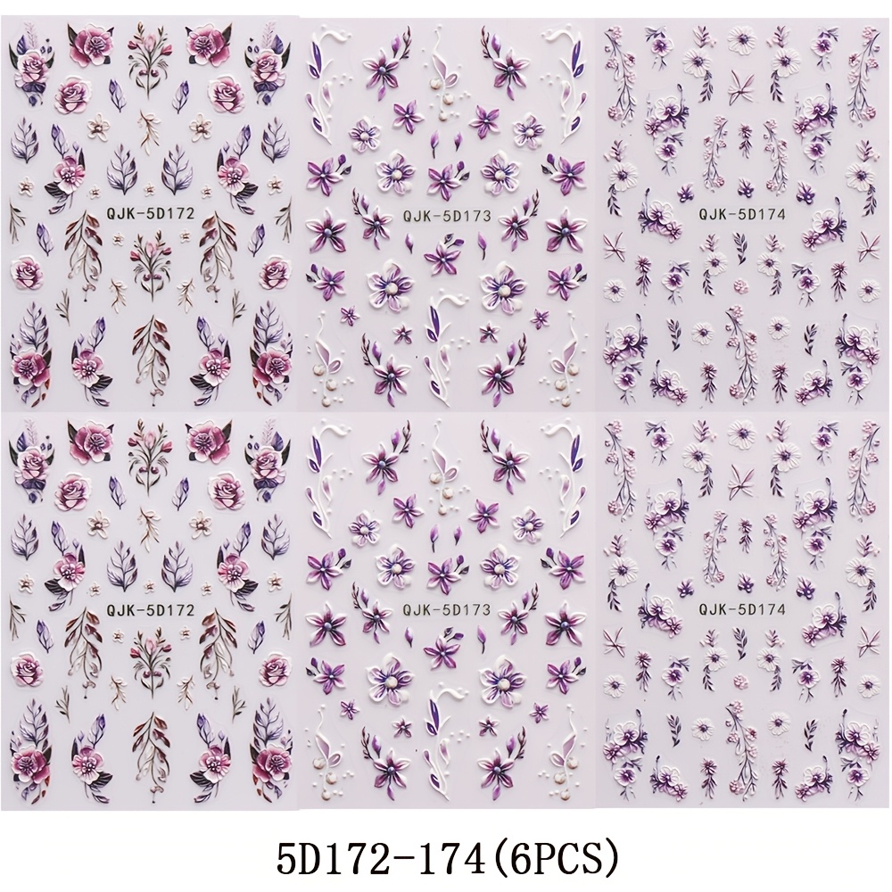 Image of 6pcs Self-adhesive Acrylic Nail Stickers Suitable For Women & - 5d Embossed Purple Flower Rose Nail Decals With, Glossy Suitable For Spring/summer Nail Art, Diy Nail Charms For Nails