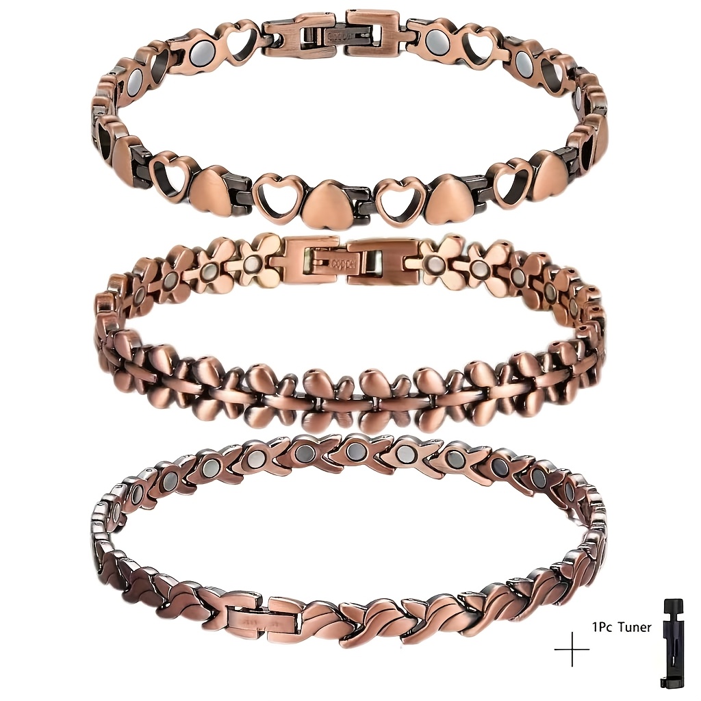 TEMU 3pcs Vintage Red Copper Magnetic Bracelet Set Featuring 3 Exquisite Chain Designs Of Heart, And Fish Tail, Size Adjustable With Included
