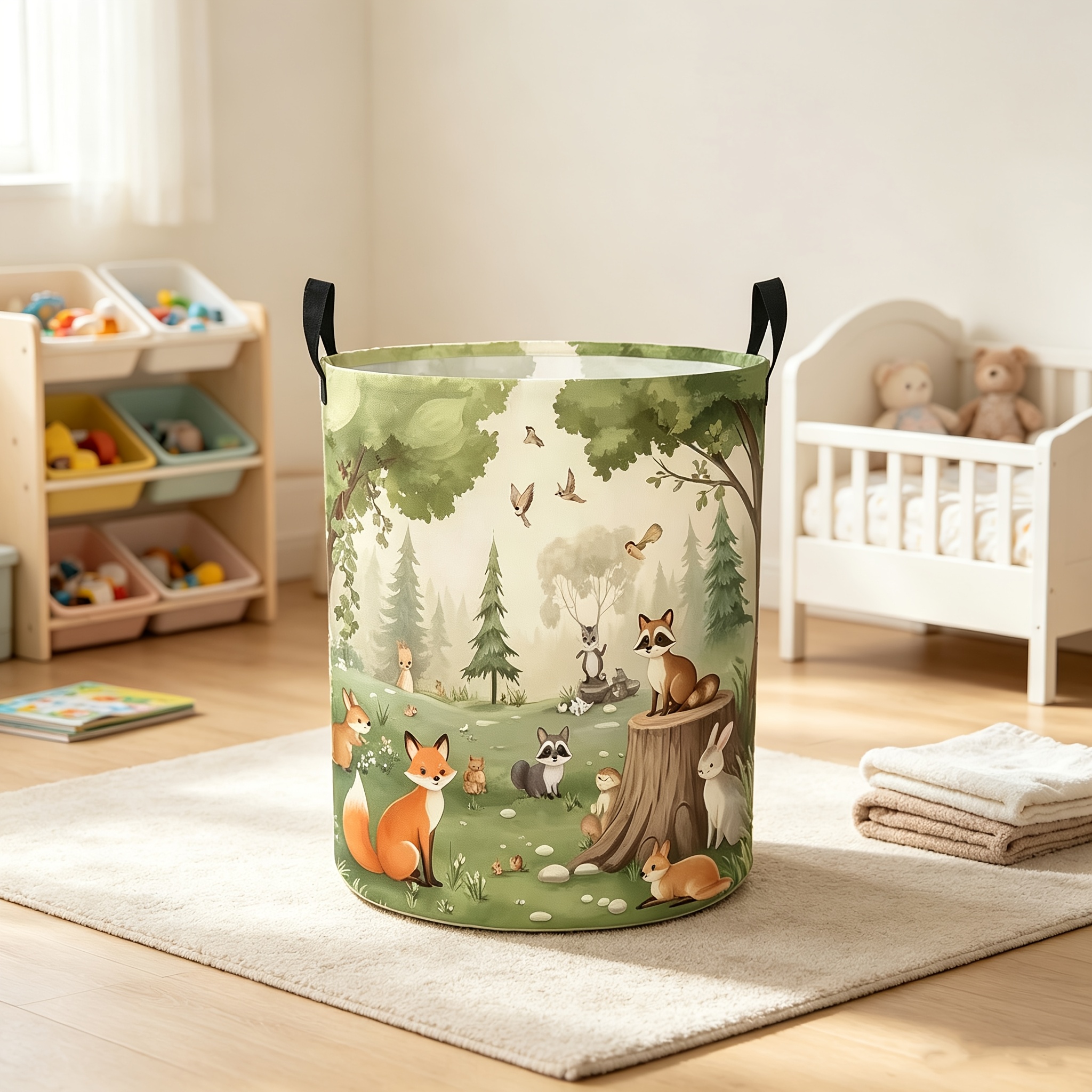 TEMU 1pc Boîte de rangement pliable avec motif "Ren et raton laveur de dessin animé ", panier rond pour vêtements, articles divers, salle de bain,