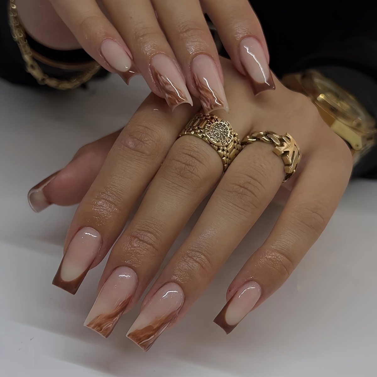 24pcs Medium-length Square Dark Brown Hill-patterned Fake Nails With Jelly Glue And 1 Nail File